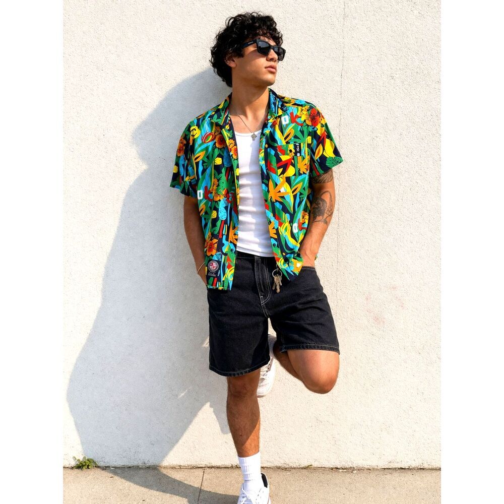 Cookies Men's Large Tropical Weed Leaf Button Up Shirt Multicolor Cotton